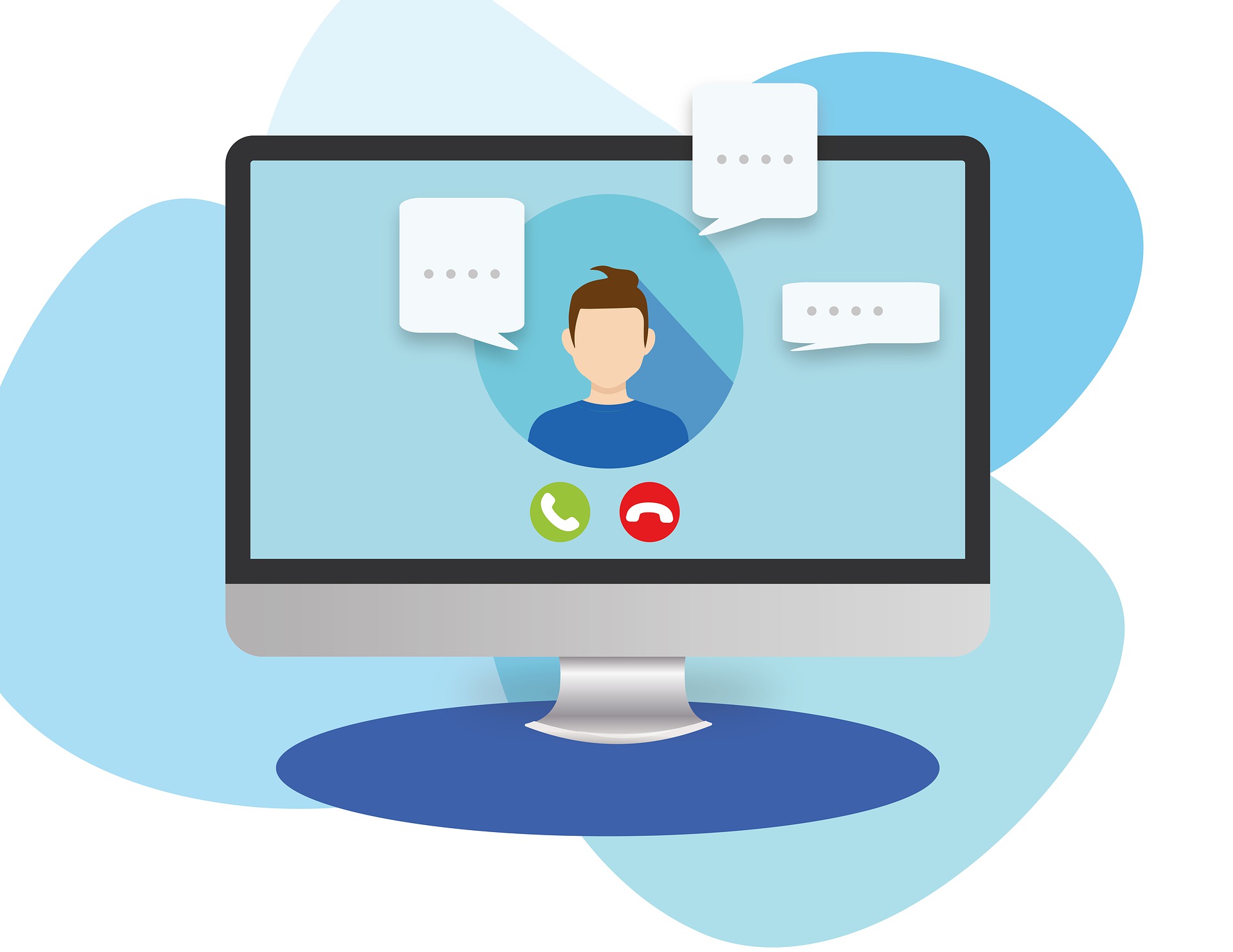 © Alexandra Koch / Pixabay Eine Person auf einem Computerbildschirm ist von Sprechblasen umgeben. Darunter ein grüner und ein roter Telefonhörer.