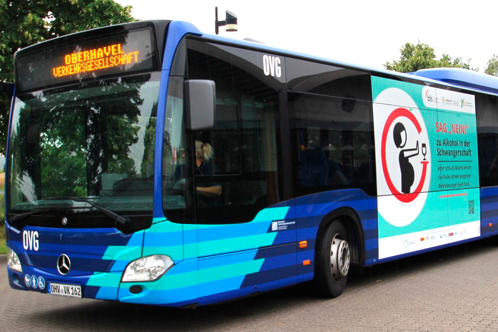 Blauer Bus mit seitlichem Aufdruck "SAG NEIN!"zu Alkohol in der Schwangerschaft